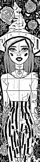 Free colorable bookmarks of a witch wearing striped pants